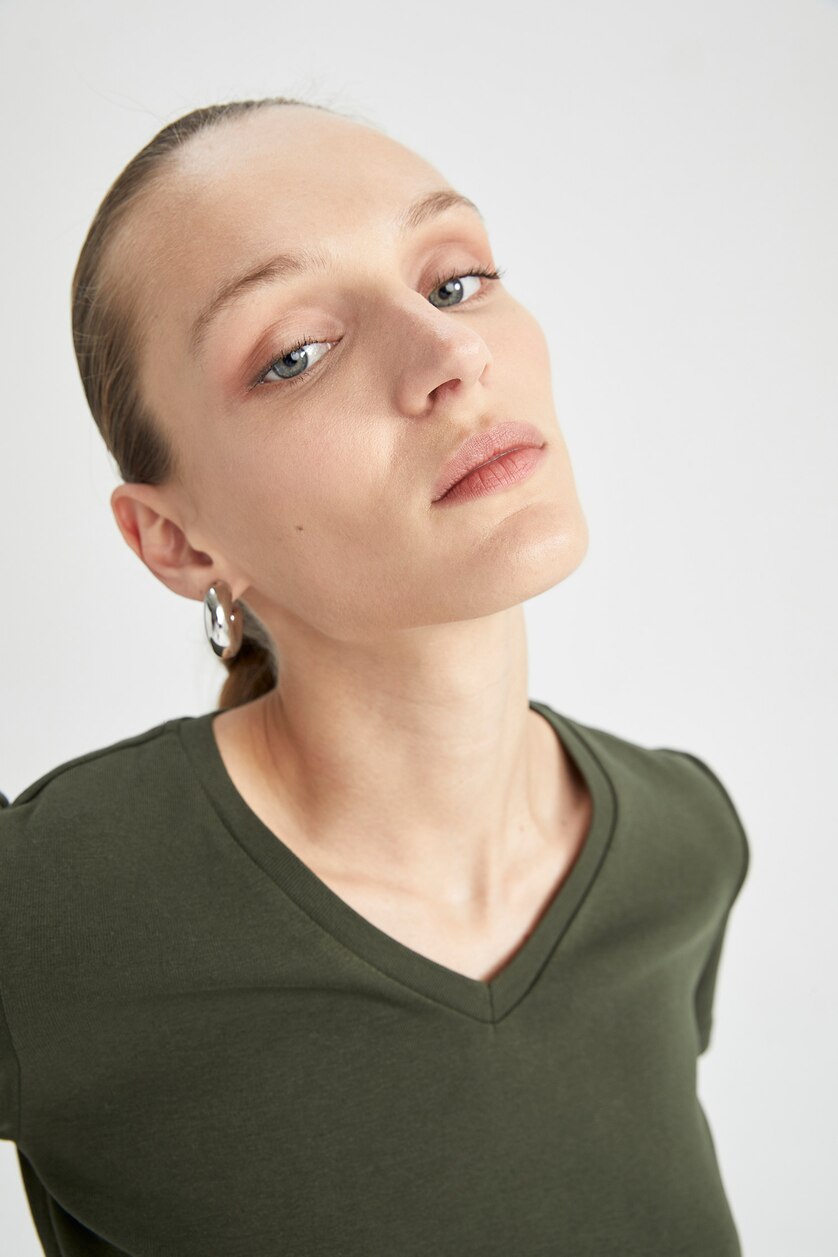 نساء كاكي غامق Slim Fit Ribana Short Sleeve T-Shirt