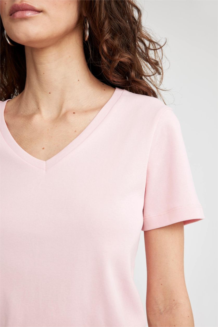 نساء زهري فاتح تيشيرت قطن بيزك سليم فيت بياقة V نص كم