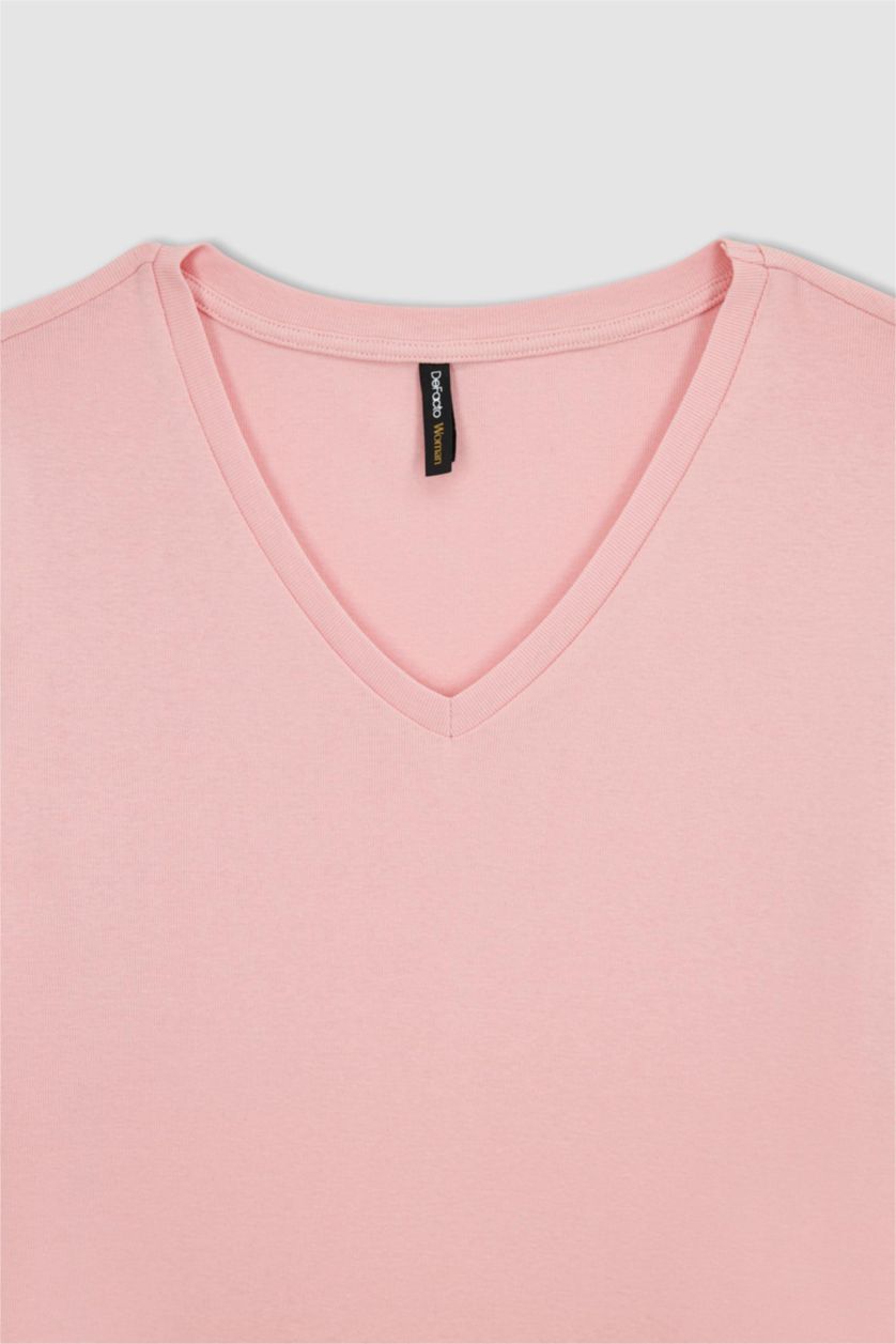 نساء زهري فاتح تيشيرت قطن بيزك سليم فيت بياقة V نص كم