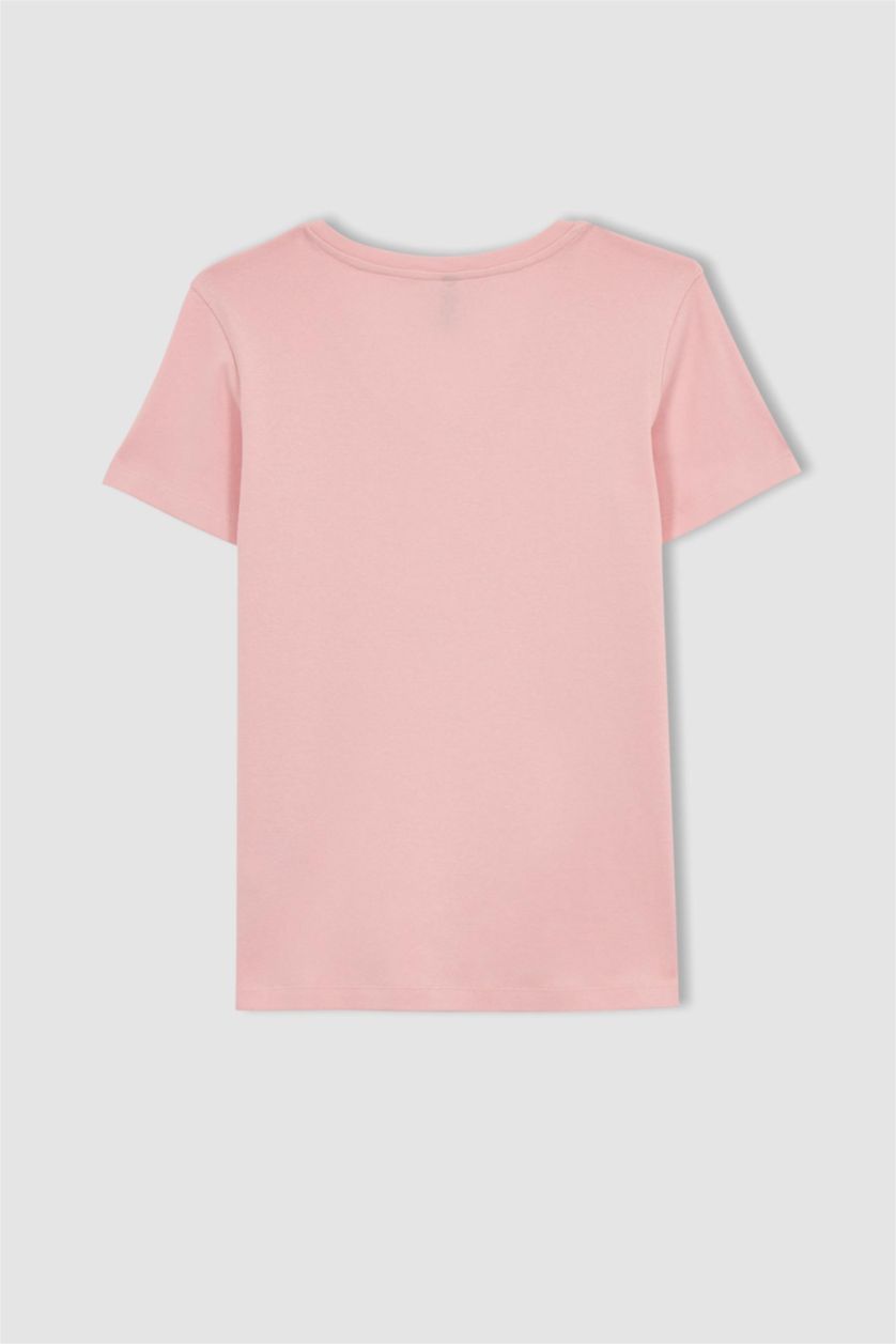 نساء زهري فاتح تيشيرت قطن بيزك سليم فيت بياقة V نص كم