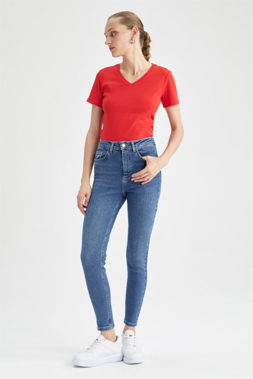 نساء أحمر تيشيرت قطن نص ردن سليم فيت بياخة V