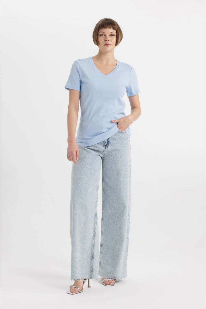 نساء أزرق فاتح تيشيرت نص ردن قطن سليم فيت بياخة V