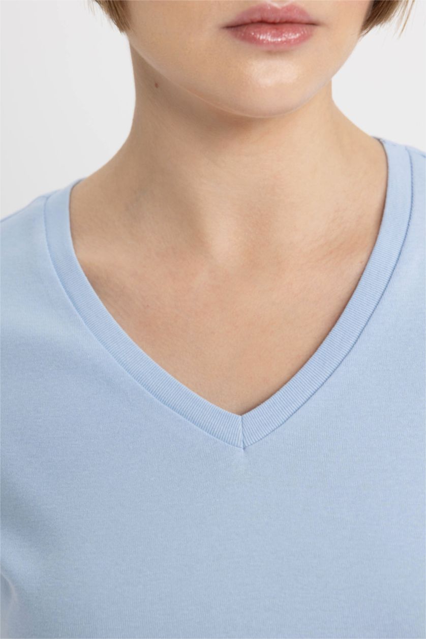 نساء أزرق فاتح تيشيرت نص ردن قطن سليم فيت بياخة V