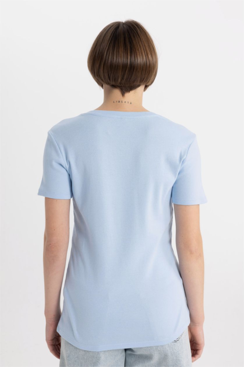 نساء أزرق فاتح تيشيرت نص ردن قطن سليم فيت بياخة V