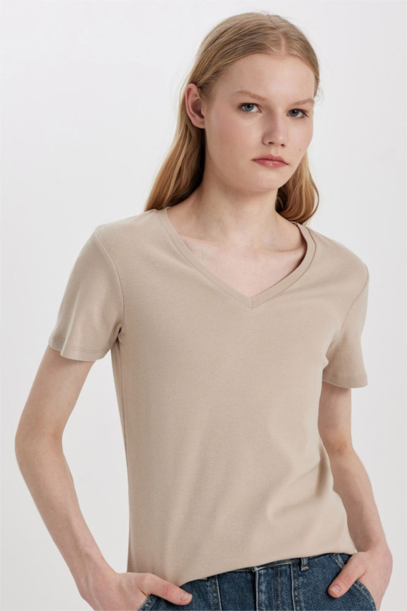 WOMAN Sand Slim Fit V Neck Ribbed Basic T-Shirt
