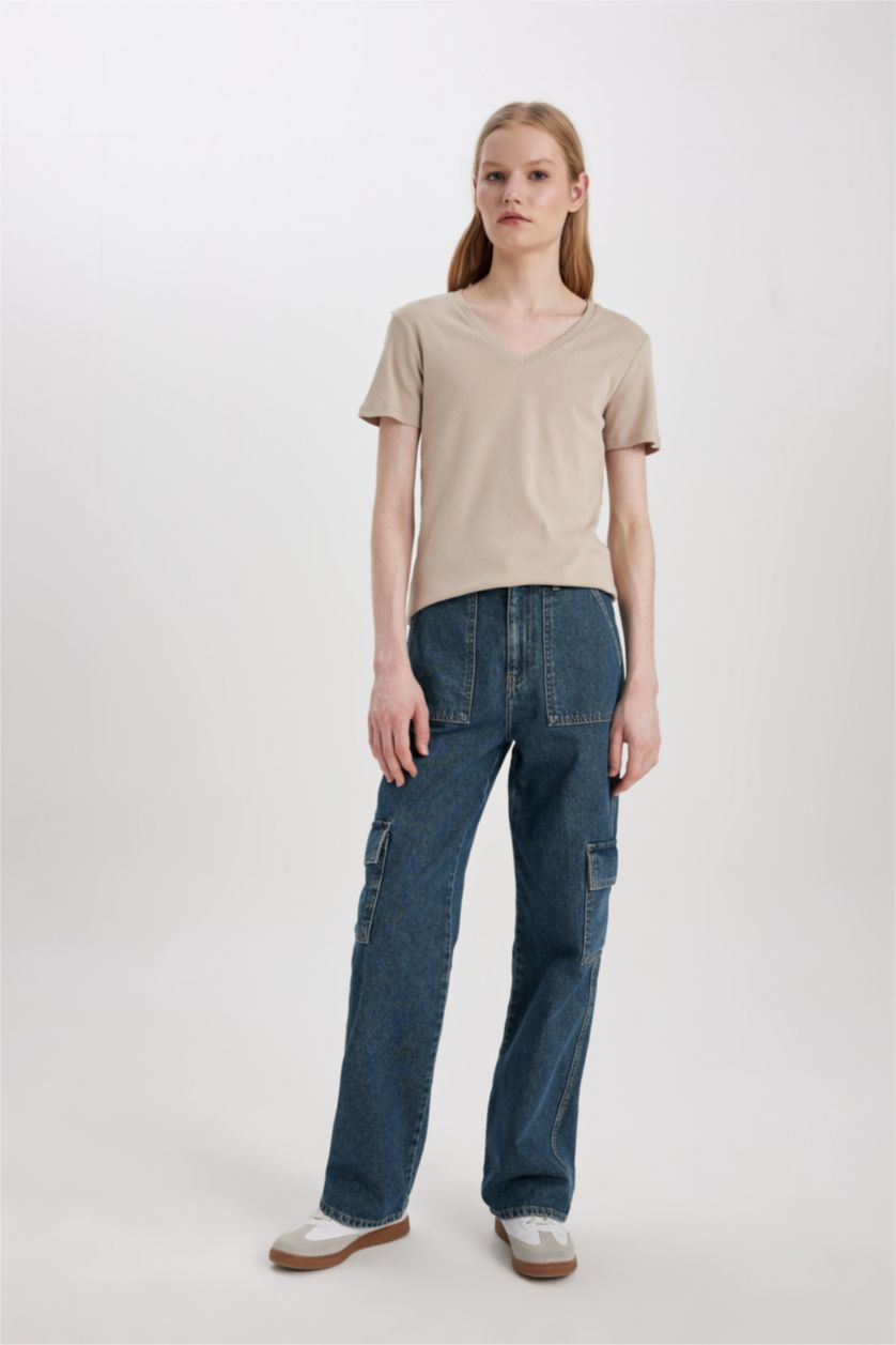 WOMAN Sand Slim Fit V Neck Ribbed Basic T-Shirt