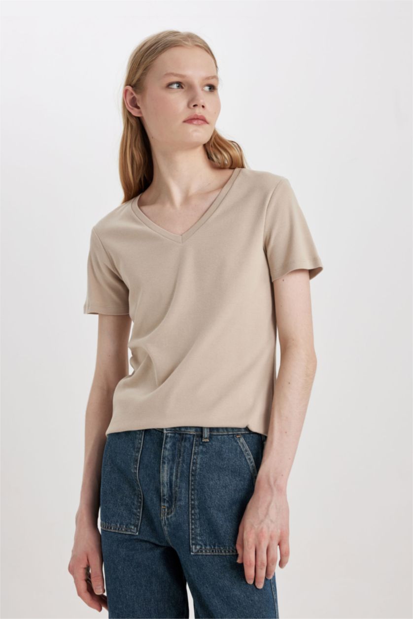 WOMAN Sand Slim Fit V Neck Ribbed Basic T-Shirt