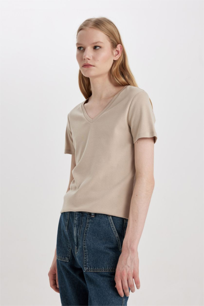 WOMAN Sand Slim Fit V Neck Ribbed Basic T-Shirt