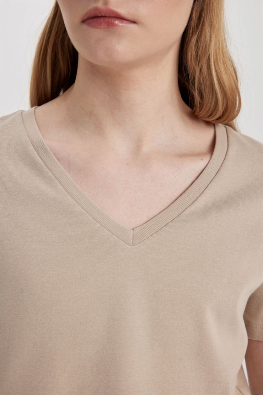 WOMAN Sand Slim Fit V Neck Ribbed Basic T-Shirt