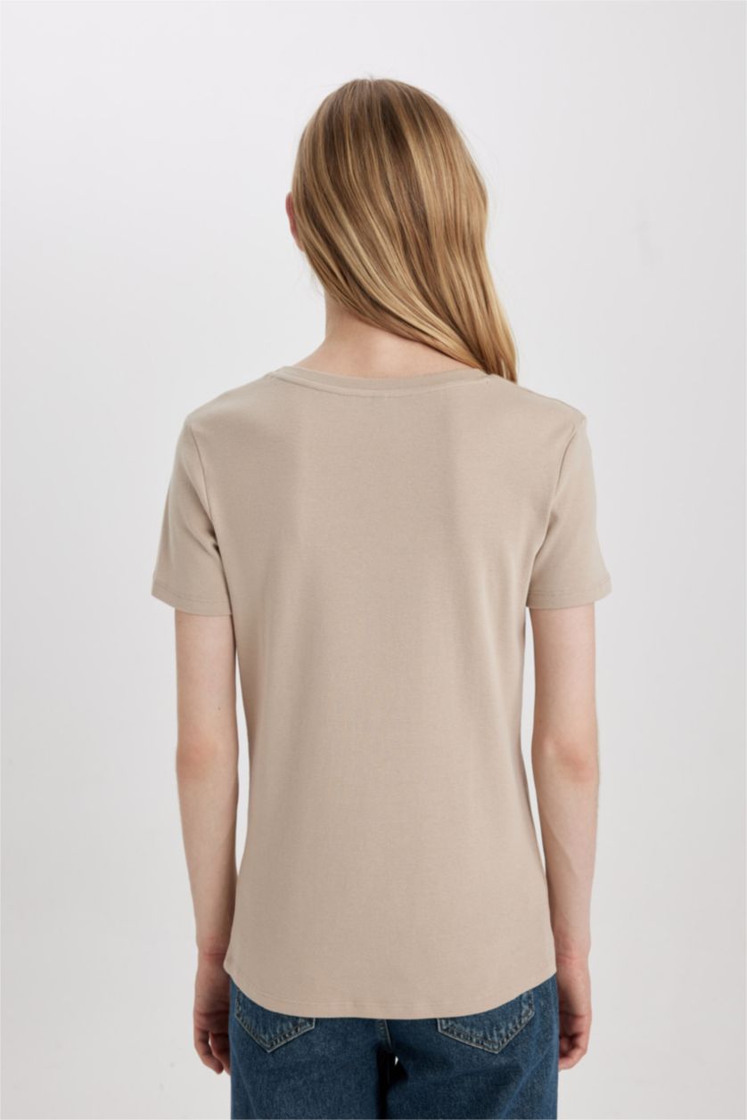 WOMAN Sand Slim Fit V Neck Ribbed Basic T-Shirt