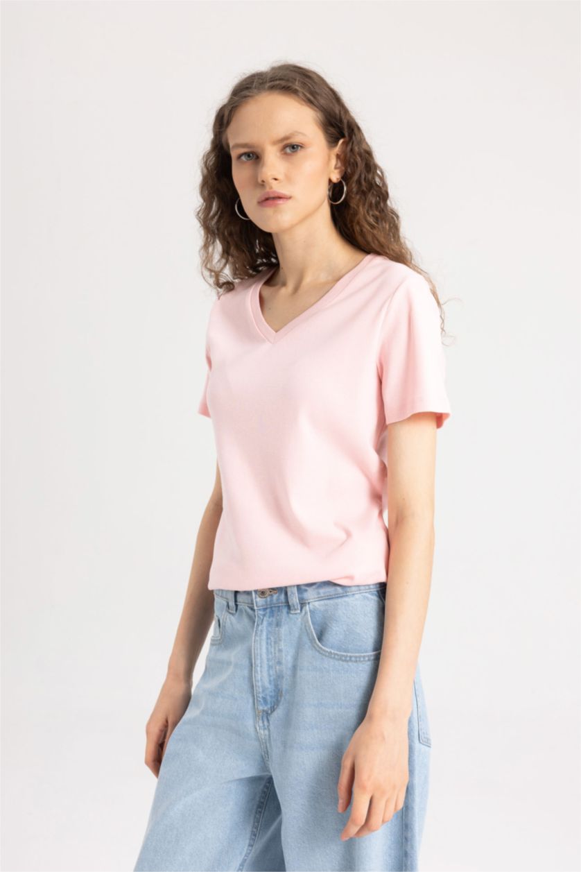 WOMAN Light Pink Slim Fit V Neck Ribbon Basic Short Sleeve T-Shirt