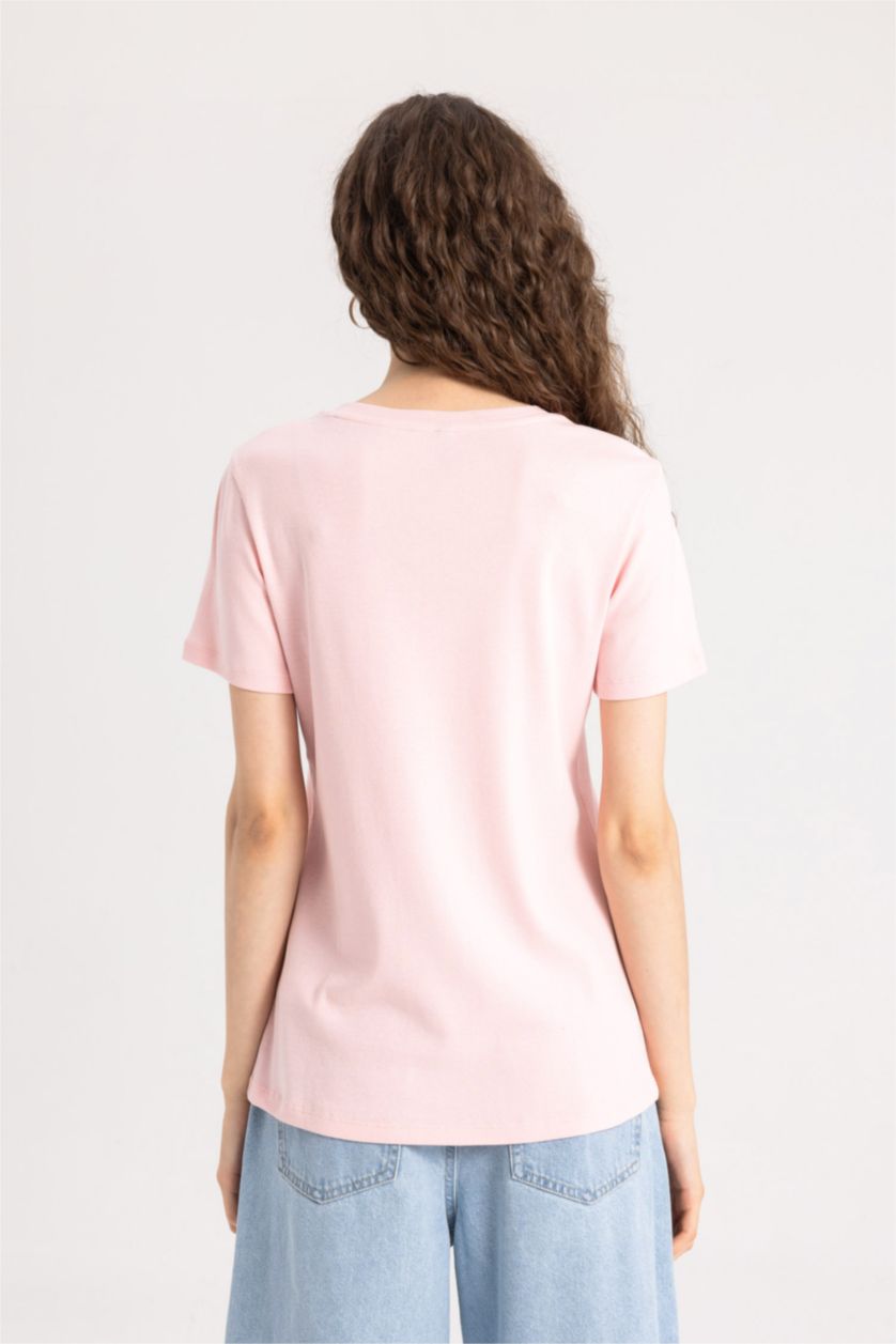 WOMAN Light Pink Slim Fit V Neck Ribbon Basic Short Sleeve T-Shirt