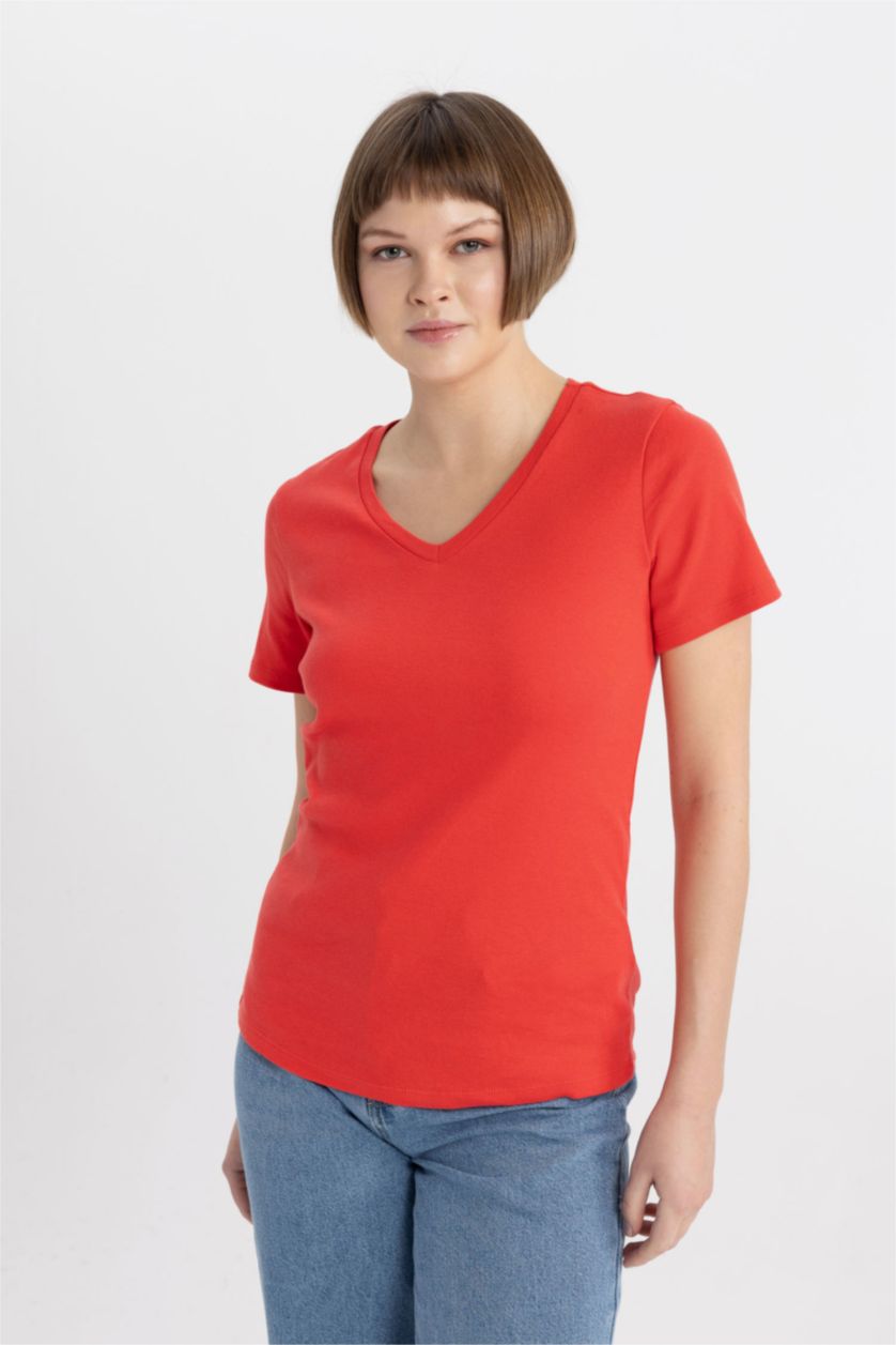 WOMAN Light Red Slim Fit V Neck Ribbed Basic T-Shirt