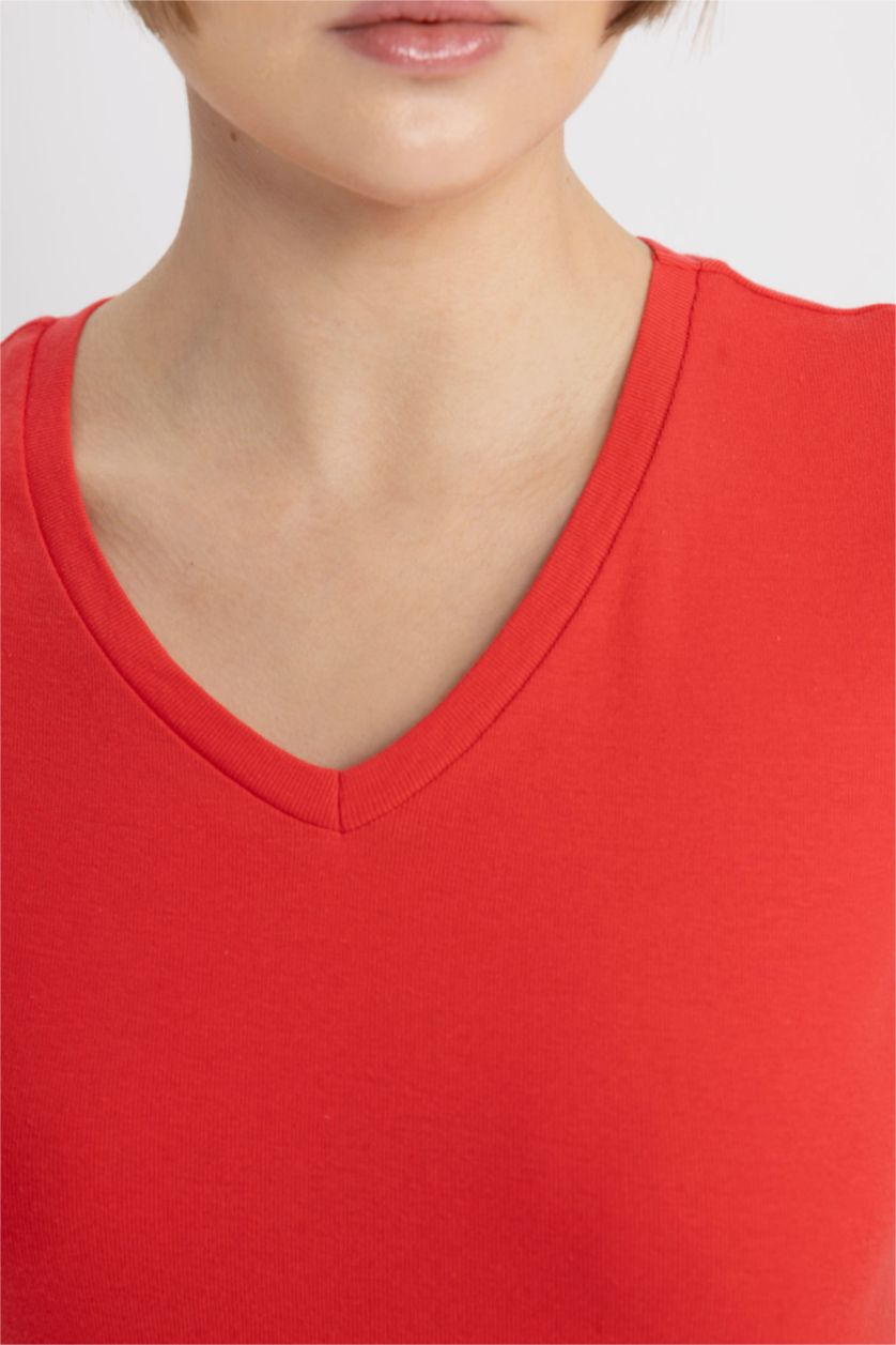 WOMAN Light Red Slim Fit V Neck Ribbed Basic T-Shirt