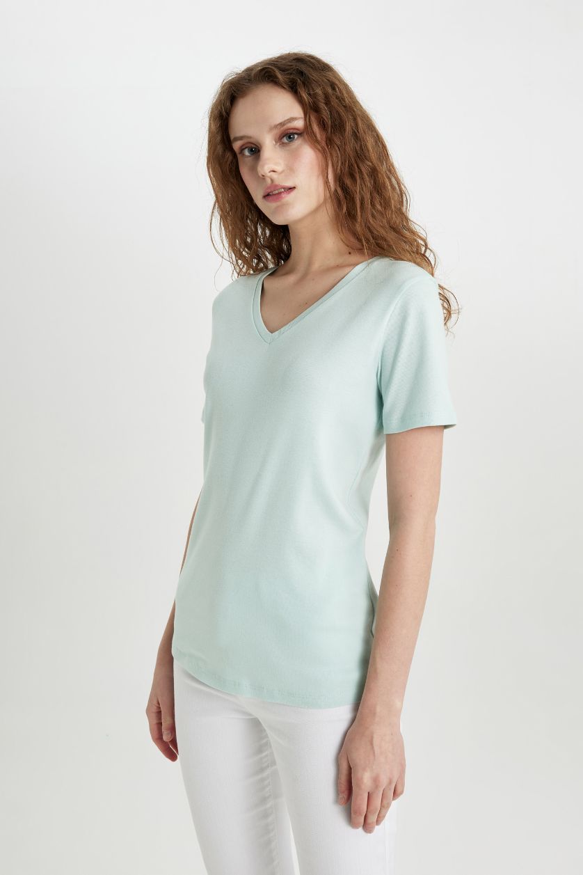 WOMAN Aqua Slim Fit V Neck Ribbed Basic T-Shirt
