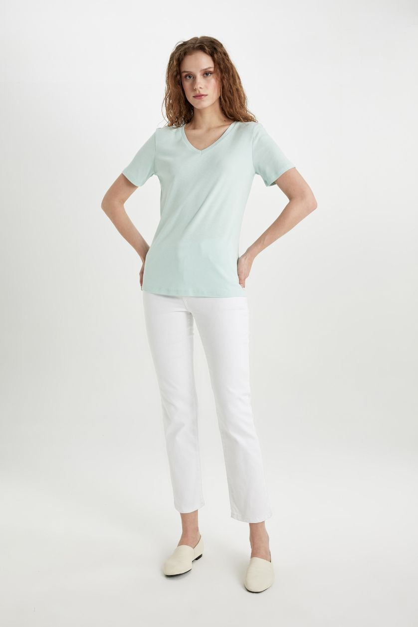 WOMAN Aqua Slim Fit V Neck Ribbed Basic T-Shirt