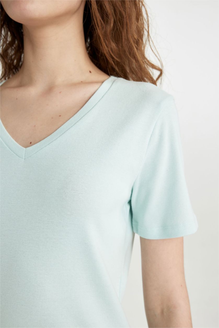 WOMAN Aqua Slim Fit V Neck Ribbed Basic T-Shirt