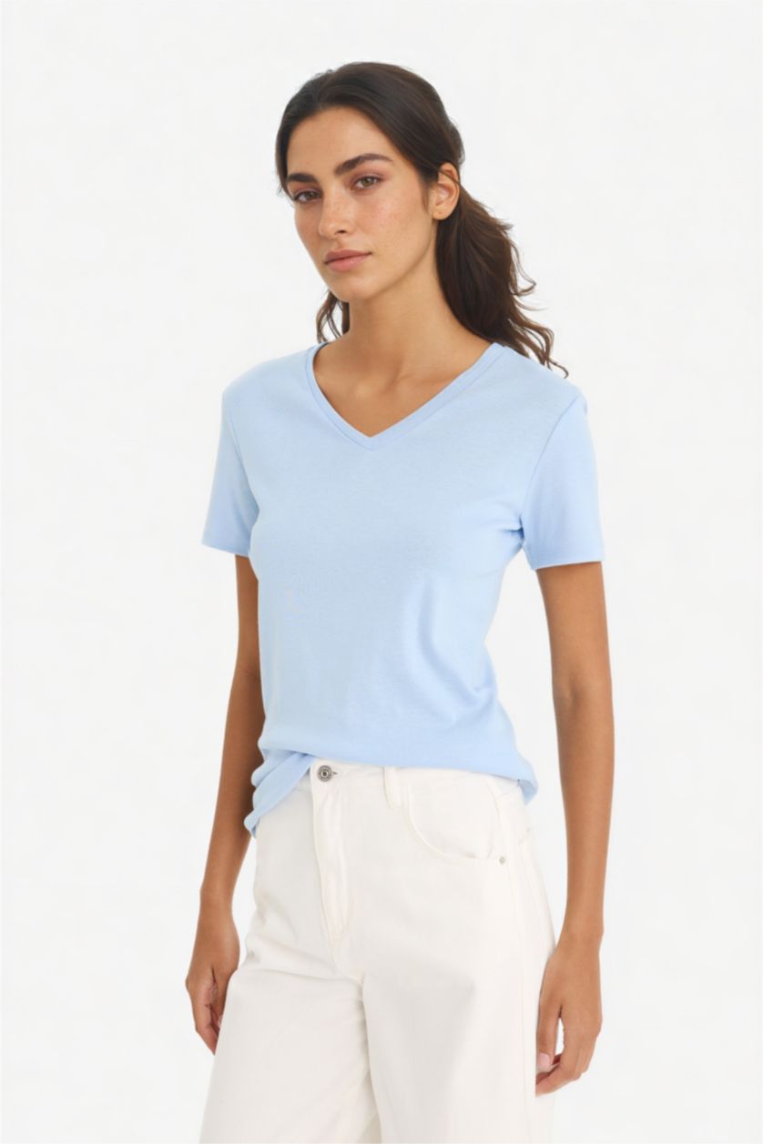 WOMAN Light Blue Slim Fit V-Neck Basic T-Shirt