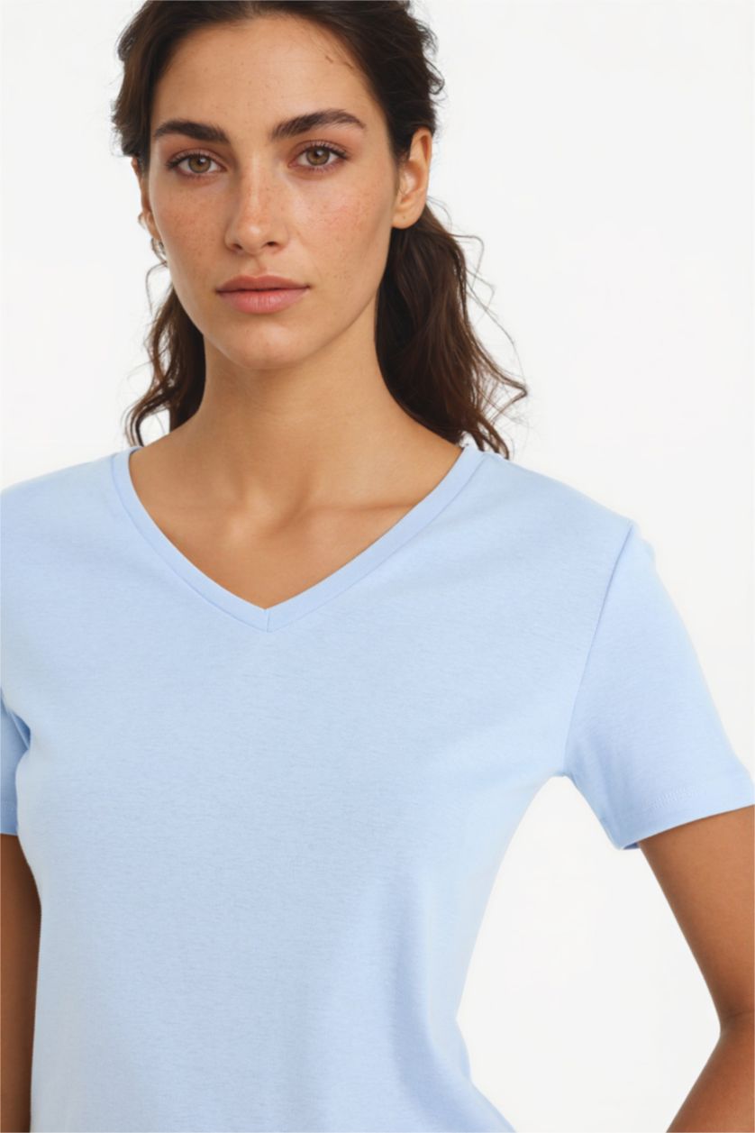 WOMAN Light Blue Slim Fit V-Neck Basic T-Shirt