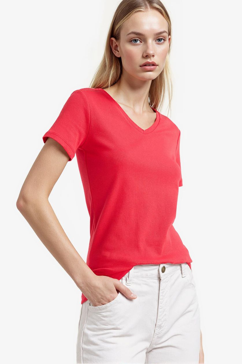 Woman Red Slim Fit V-Neck Basic T-Shirt