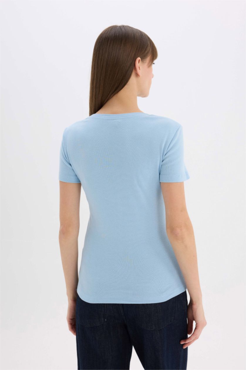 Woman Light Blue Slim Fit Ribana Short Sleeve T-Shirt