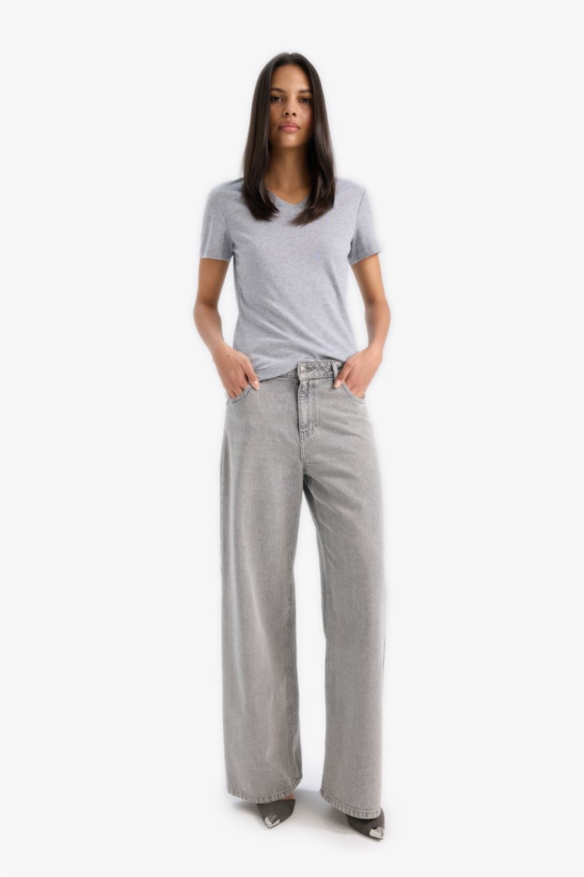 Kadın Gri Melanj Slım Fıt V Yaka Basıc Düz Ribana Kısa Kollu Tişört