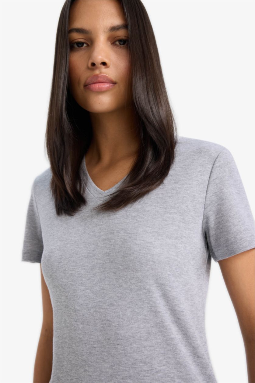 Kadın Gri Melanj Slım Fıt V Yaka Basıc Düz Ribana Kısa Kollu Tişört