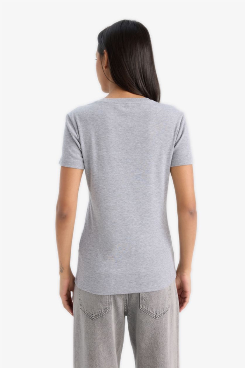 Kadın Gri Melanj Slım Fıt V Yaka Basıc Düz Ribana Kısa Kollu Tişört