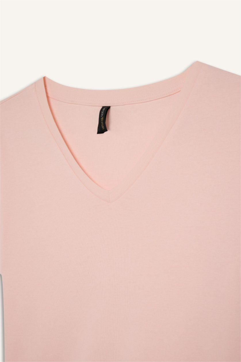 نساء زهري فاتح تيشيرت بيزك سادة مضلع سليم فيت بياخة V