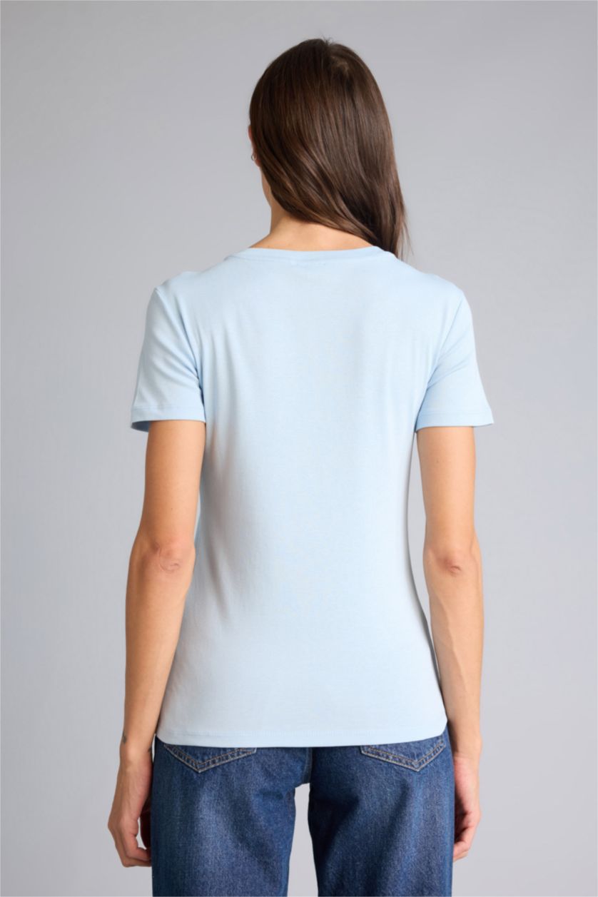 Kadın Açık Mavi Slım Fıt Basıc Ribana Tişört