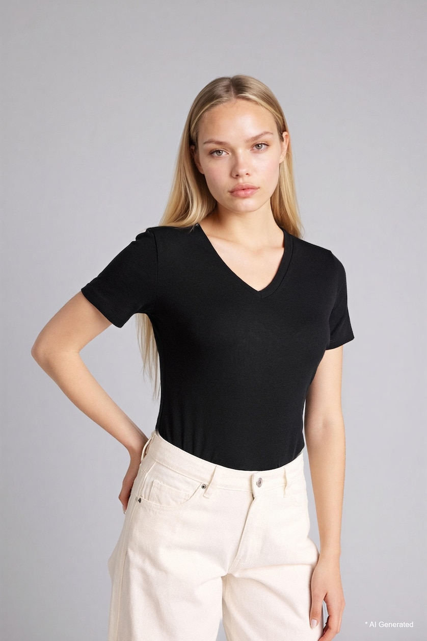 Women Black Slim Fit Ribana Short Sleeve T-Shirt