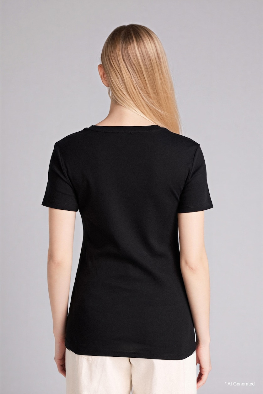 Women Black Slim Fit Ribana Short Sleeve T-Shirt
