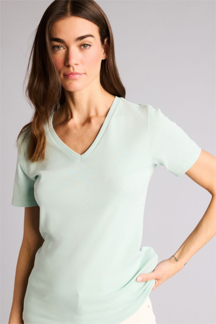 Kadın Mint Slım Fıt V Yaka Basıc Düz Ribana Kısa Kollu Tişört