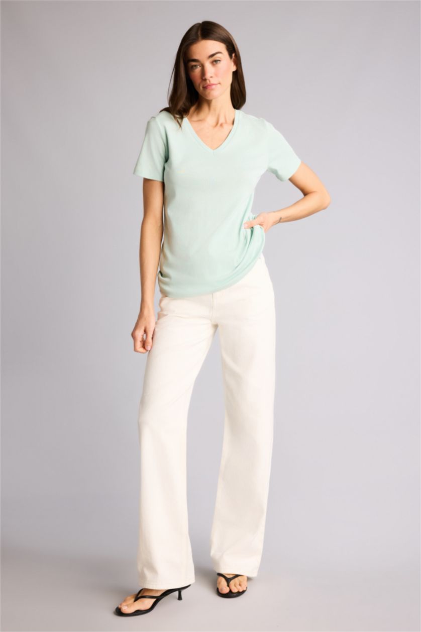 Kadın Mint Slım Fıt V Yaka Basıc Düz Ribana Kısa Kollu Tişört