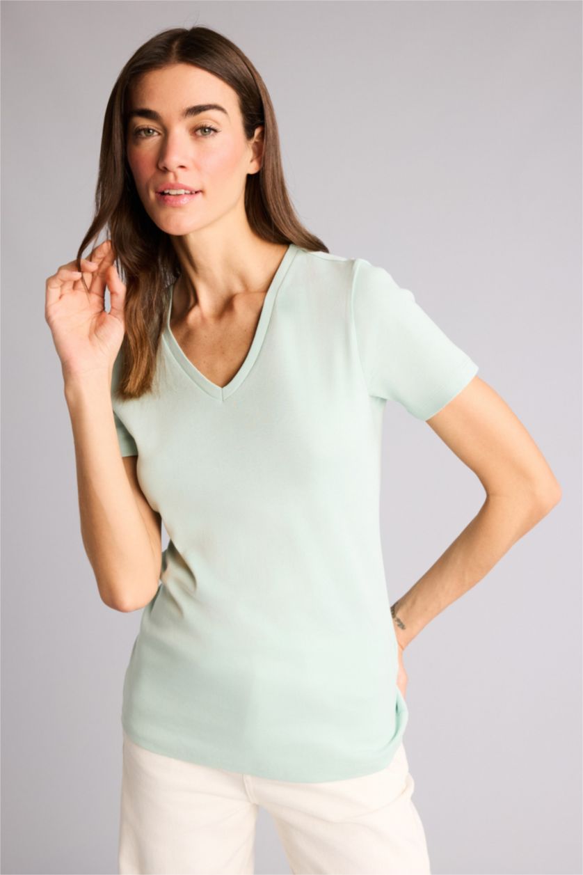 Kadın Mint Slım Fıt V Yaka Basıc Düz Ribana Kısa Kollu Tişört
