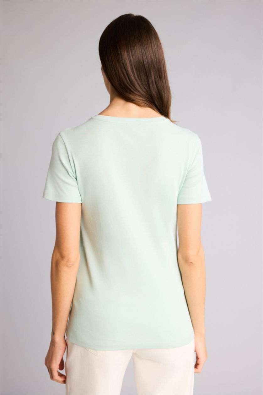 Kadın Mint Slım Fıt V Yaka Basıc Düz Ribana Kısa Kollu Tişört