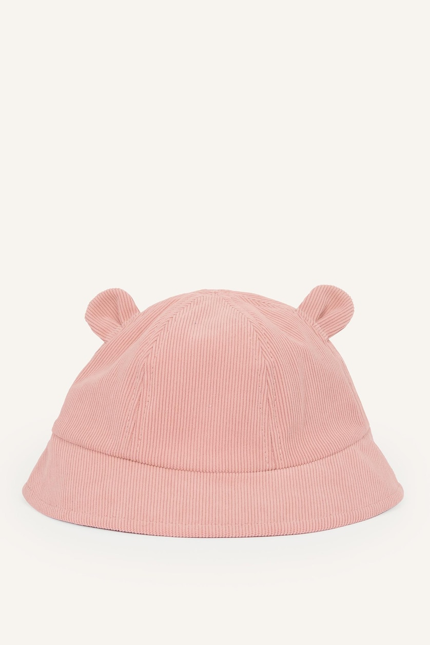 Kız Bebek Açık Pembe Kulak Aplikeli Kadife Şapka Kız Bebek