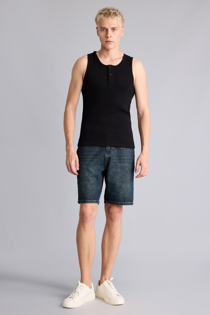 Erkek Siyah Regular Fit Henley Yaka Basic Atlet