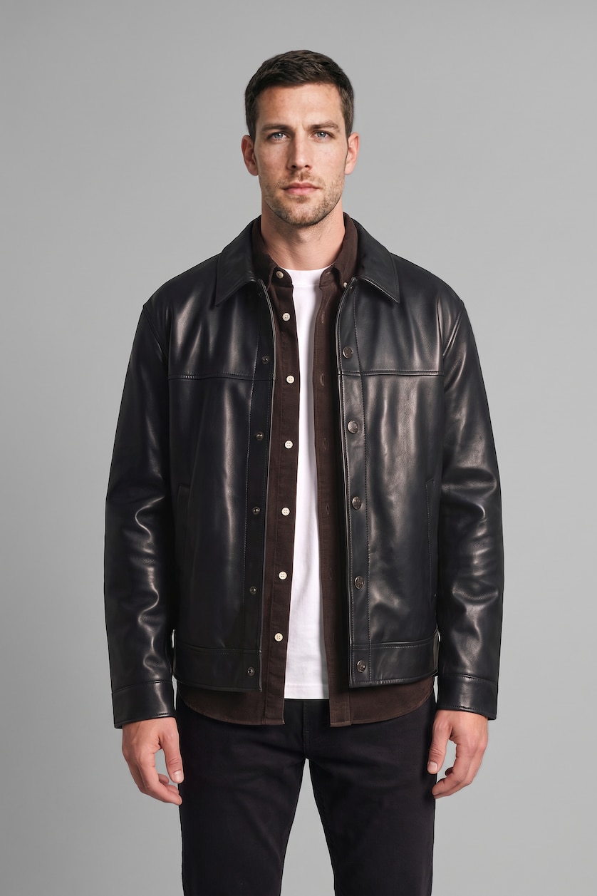 Erkek Siyah Regular Fit Deri Mont