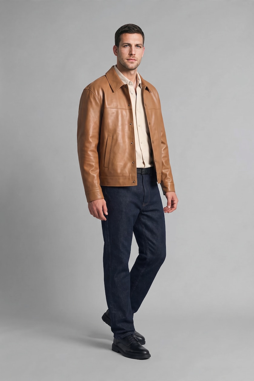 Erkek Camel Regular Fit Deri Mont