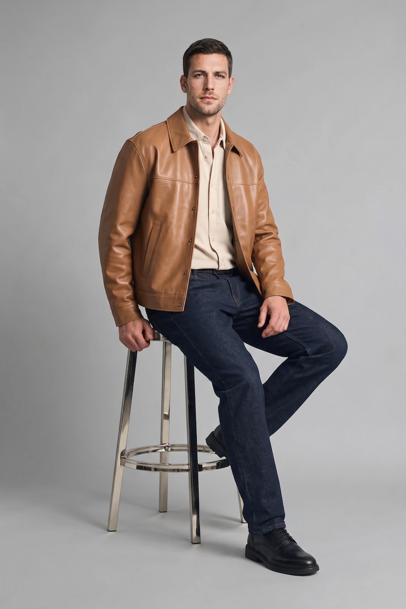 Erkek Camel Regular Fit Deri Mont