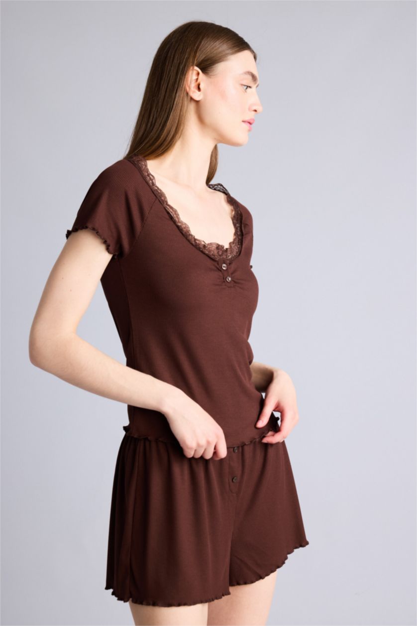 Kadın Kahve Regular Fit Ribana 2'Li Pijama Takım