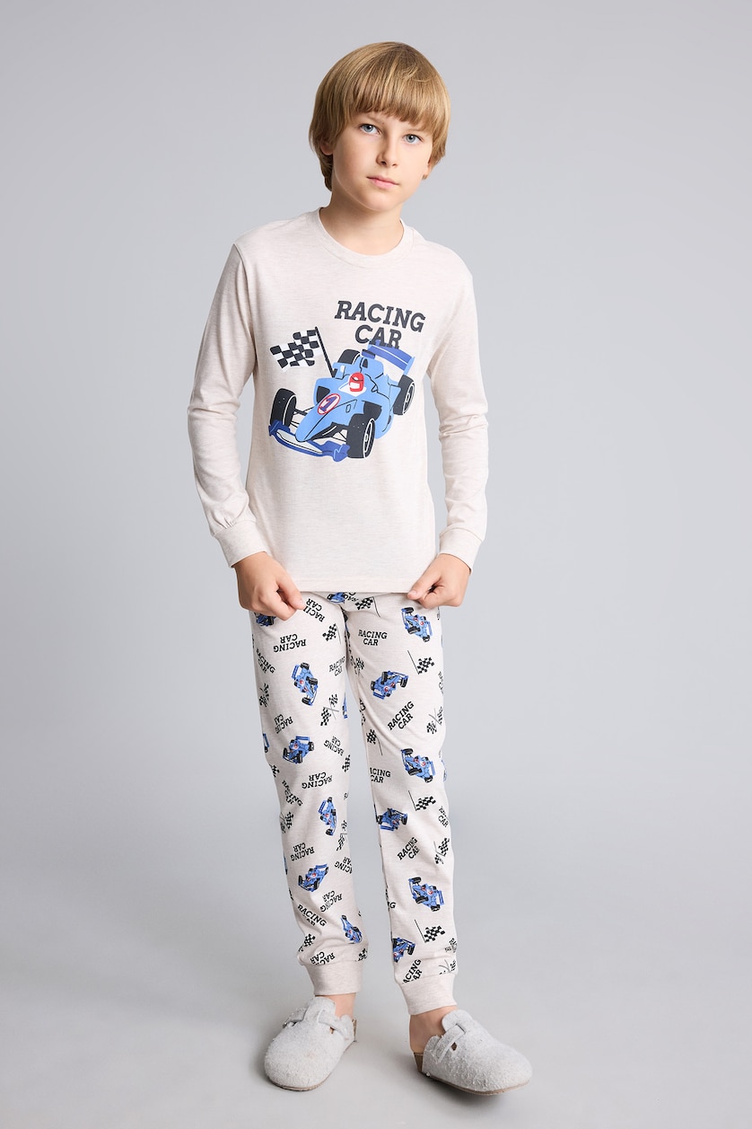 BOYS & TEENS Beige Melange Long Sleeve Printed Pyjama Top