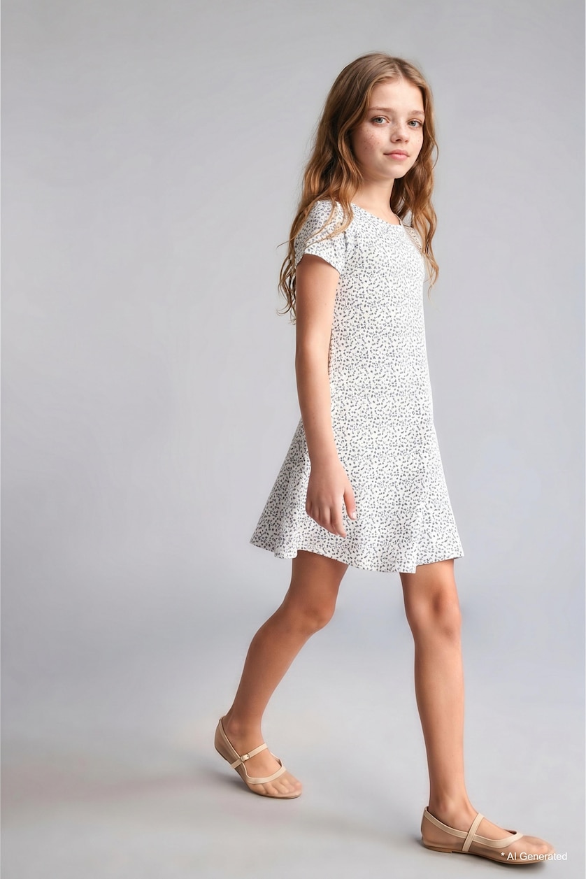 Young Girls - Teen Girls White Girl Half-Sleeve Bell Skirt Mini Dress