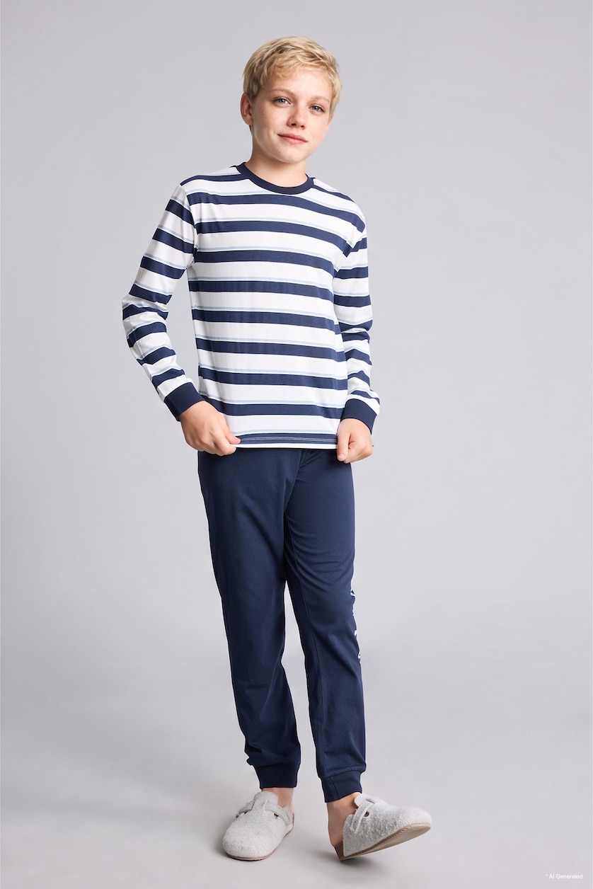 BOYS & TEENS NAVY Boy Striped Long Sleeve Top and Trousers Pyjama Set