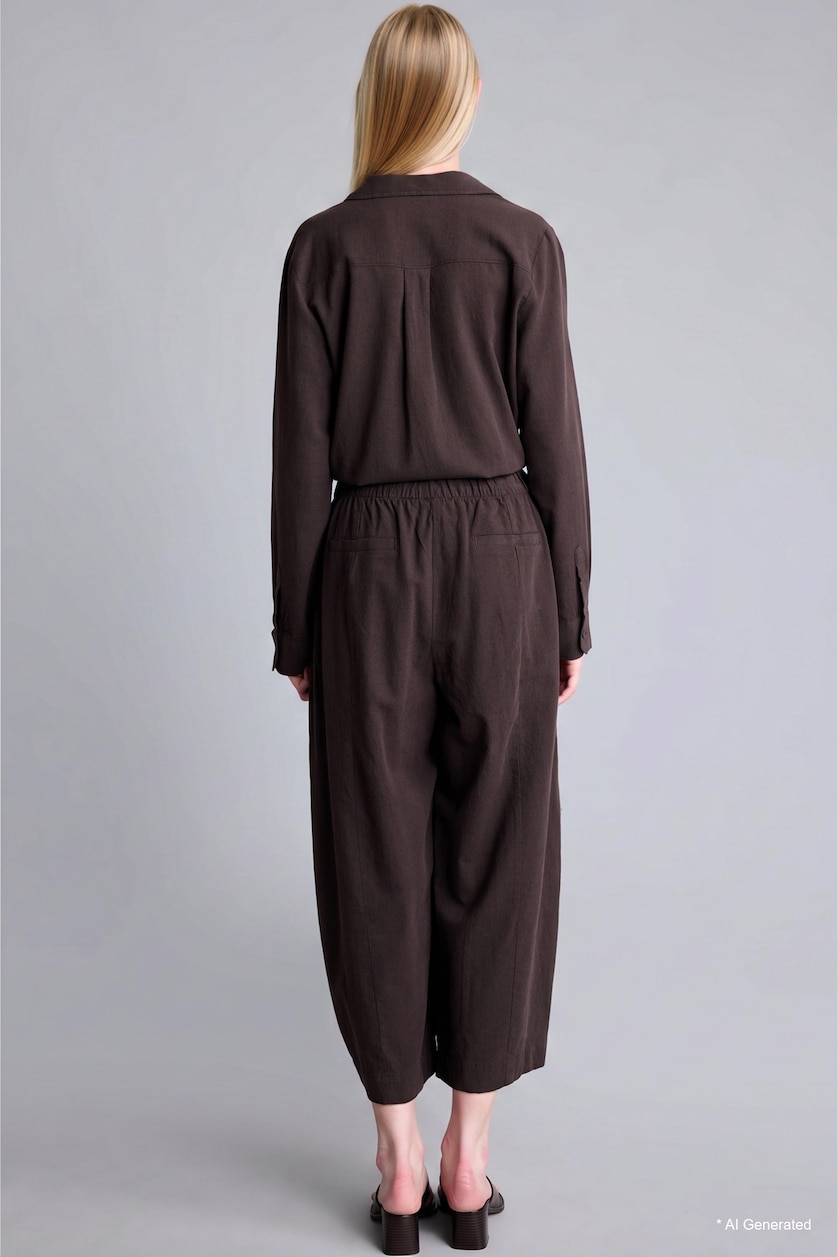 Women Brown Barrel Fit Elastic Waist Linen Blend Trousers