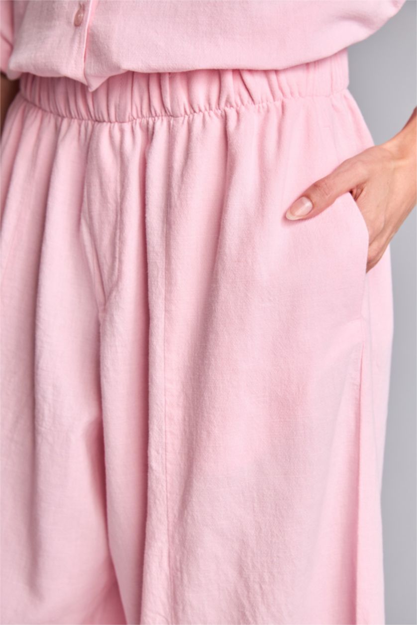 Kadın Pembe Barrel Fit Keten Karışımlı Pantolon