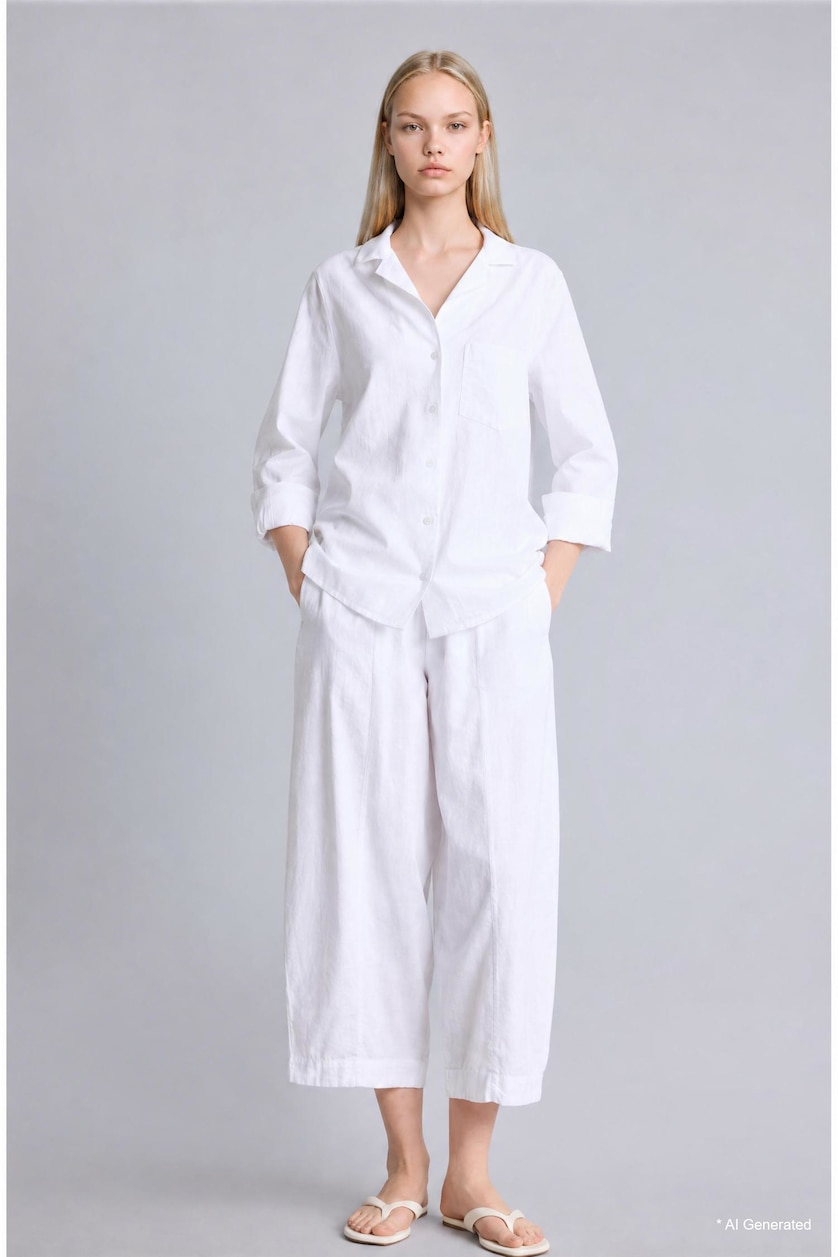 Women White Barrel Fit Elastic Waist Linen Blend White Trousers