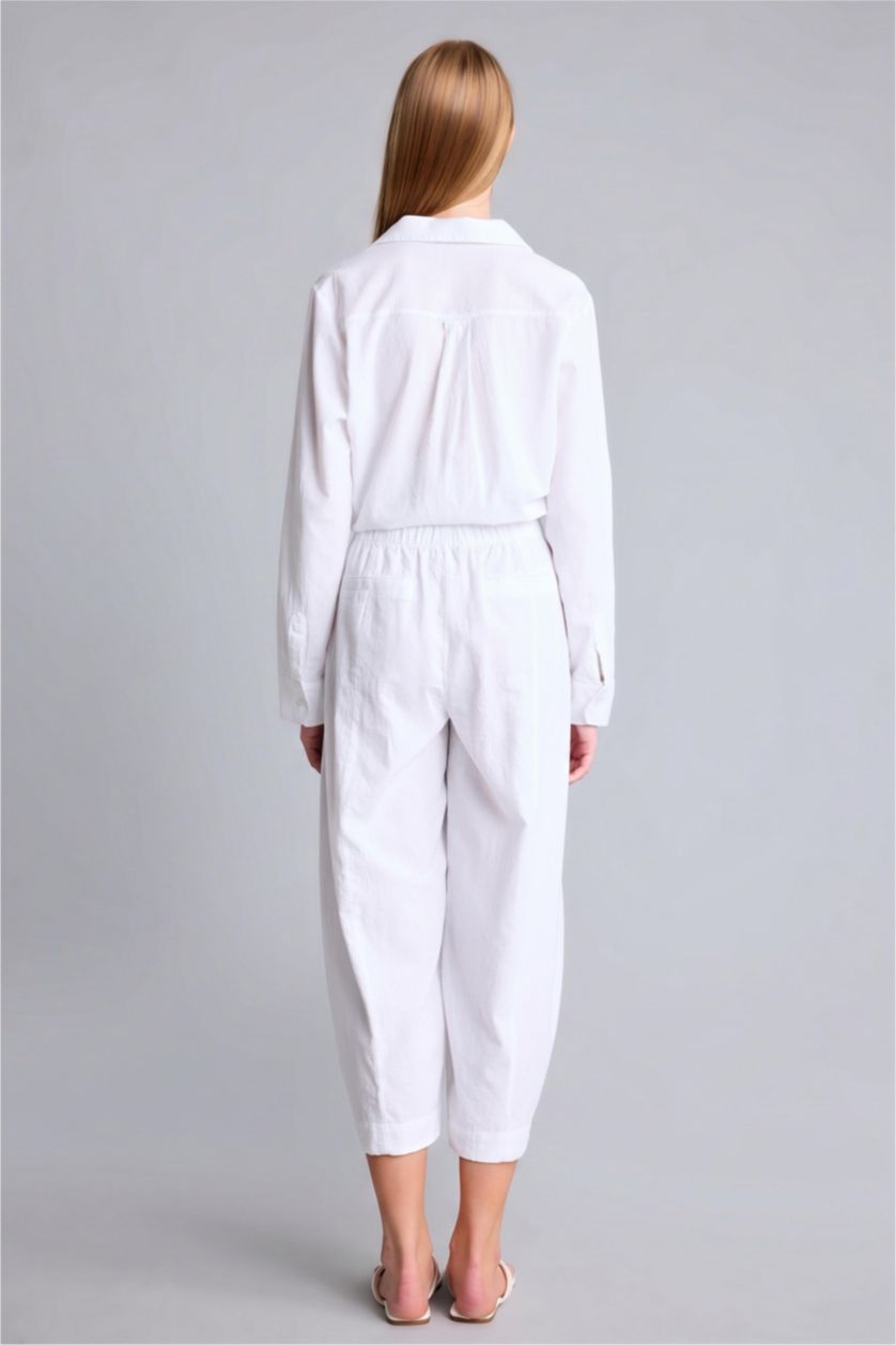 Woman White Barrel Fit Elastic Waist Linen Blend White Trousers