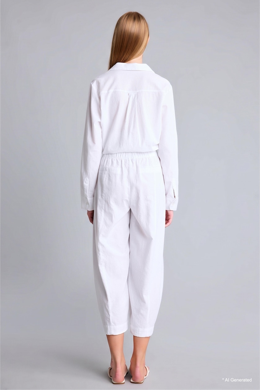 Women White Barrel Fit Elastic Waist Linen Blend White Trousers